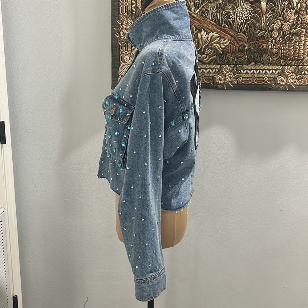 Custom Made Evil Eye New With Tags Love Tree Bling Denim Cut off Jacket. Size M - Picture 5 of 17